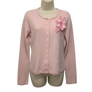 VTG Y2K Mandee Pink Floral Applique Cardigan Coquette Embroidered Sweater L